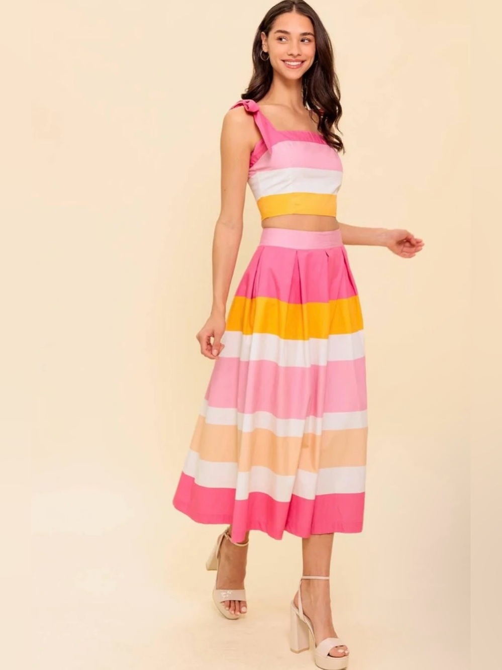 Flying Tomato Sz L Pink The Space Between Yellow White Striped Midi Top Skirt